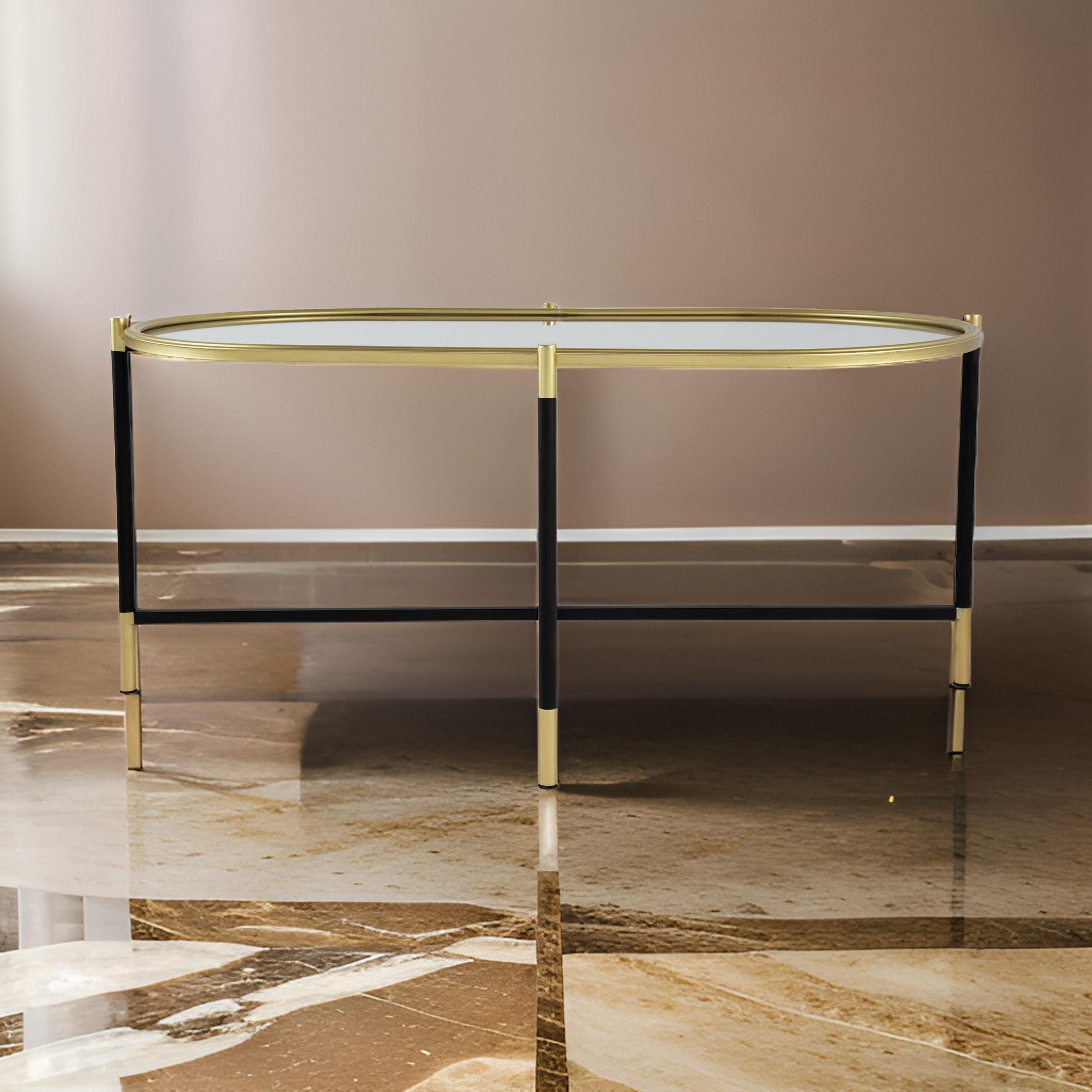 Benjara 43 Inch Elongated Mirror Top Coffee Table, Iron Frame, Gold Finish, Black