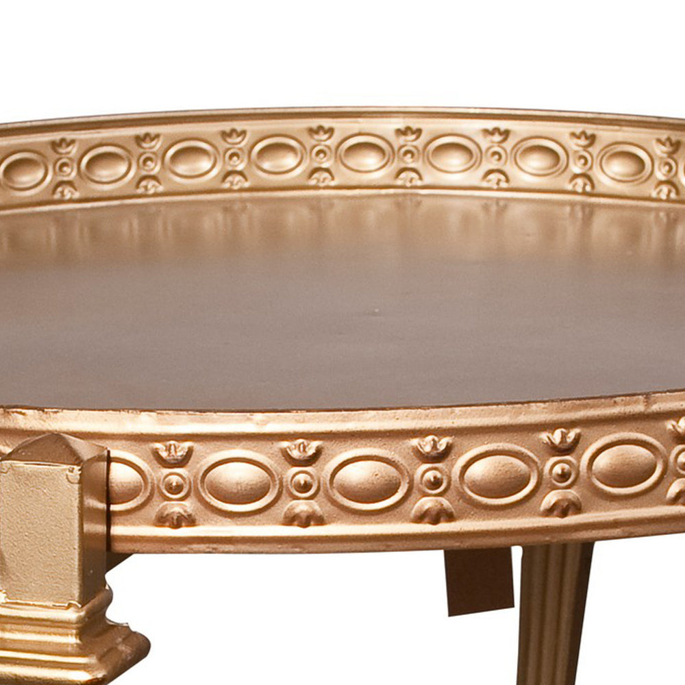Benjara 32 Inch Metal Cocktail Table, Circular Pattern Edged Round Top, Copper