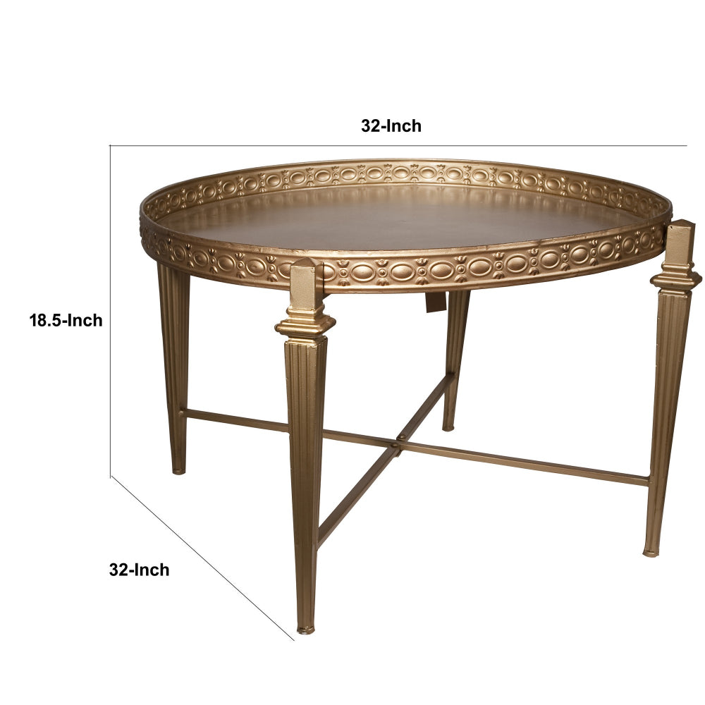 Benjara 32 Inch Metal Cocktail Table, Circular Pattern Edged Round Top, Copper