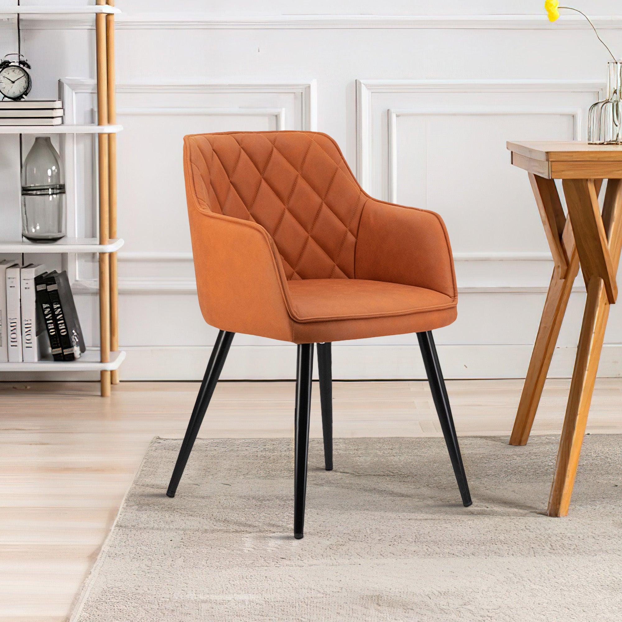 Benjara Erin 24 Inch Curved Dining Chair, Orange Fabric, Diamond Pattern Tufting