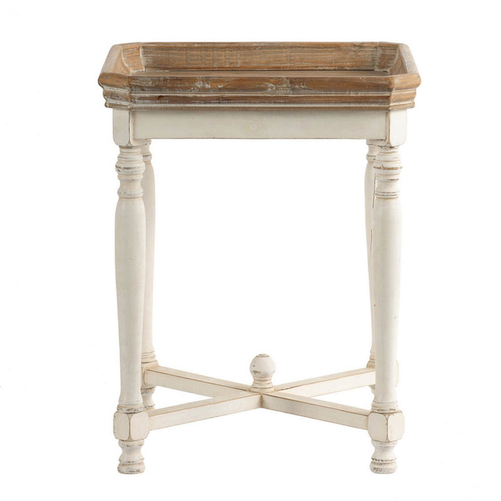 Benjara 25 Inch Square End Side Table, Fir Wood, Natural Brown, Antique White