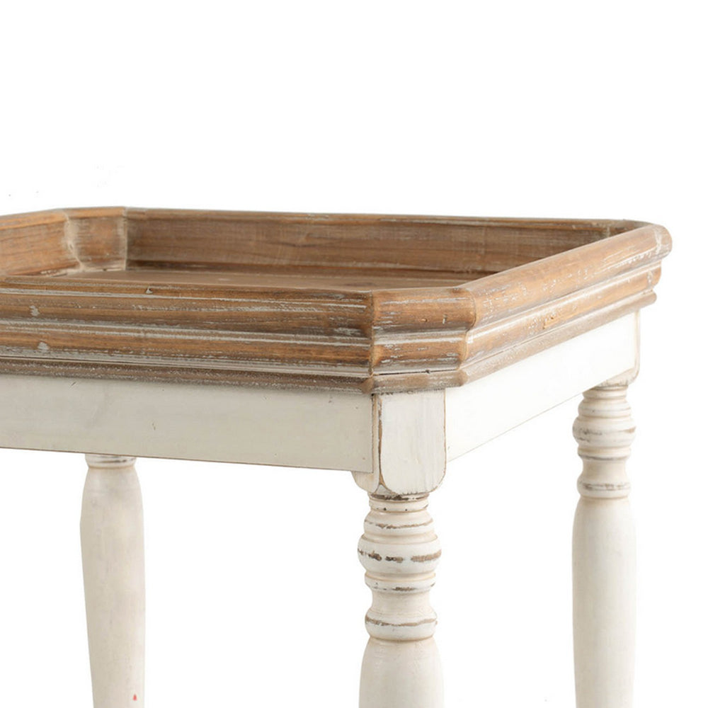Benjara 25 Inch Square End Side Table, Fir Wood, Natural Brown, Antique White