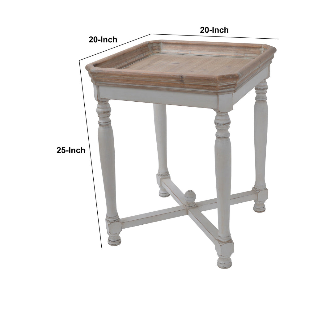 Benjara 25 Inch Square End Side Table, Fir Wood, Natural Brown, Antique White