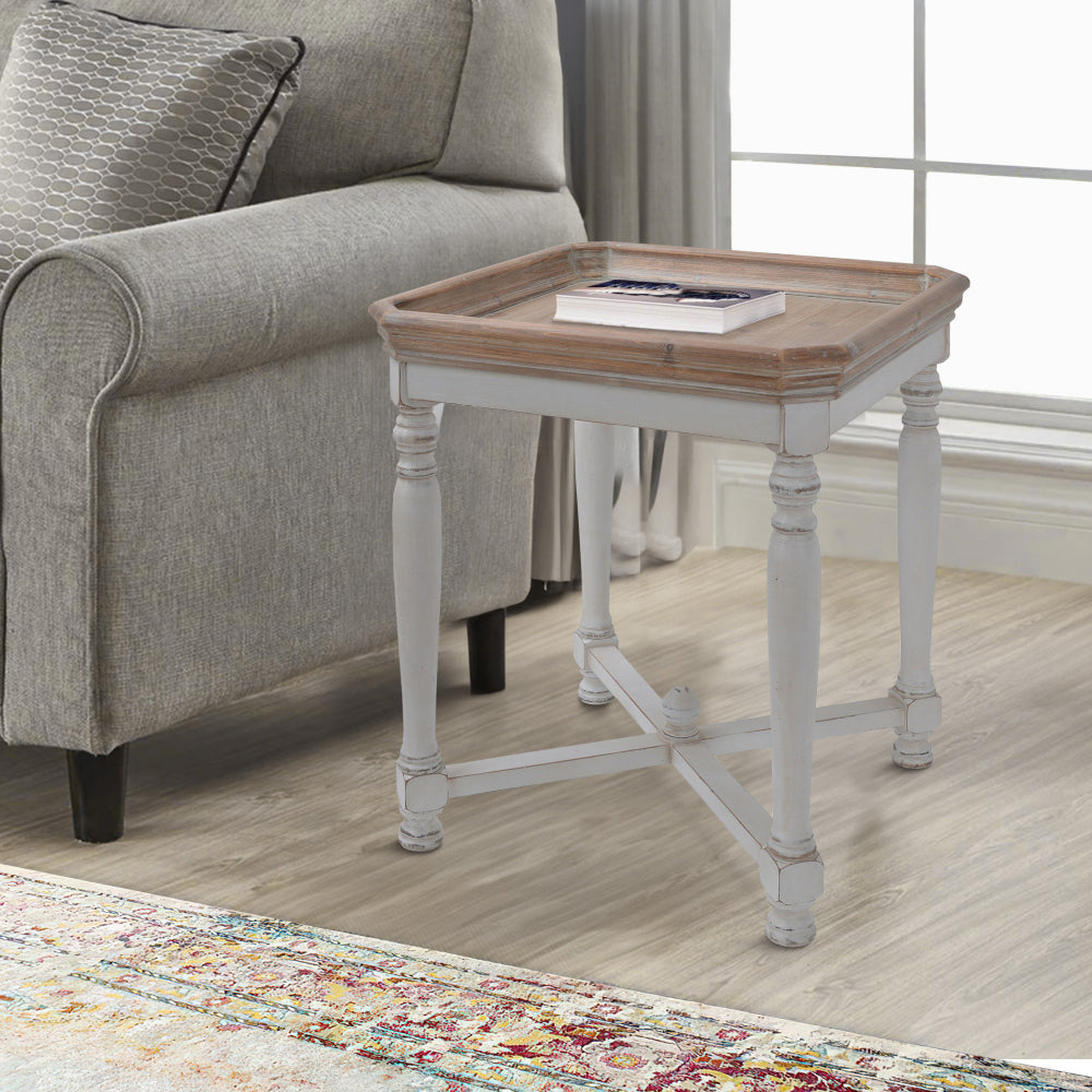 Benjara 25 Inch Square End Side Table, Fir Wood, Natural Brown, Antique White