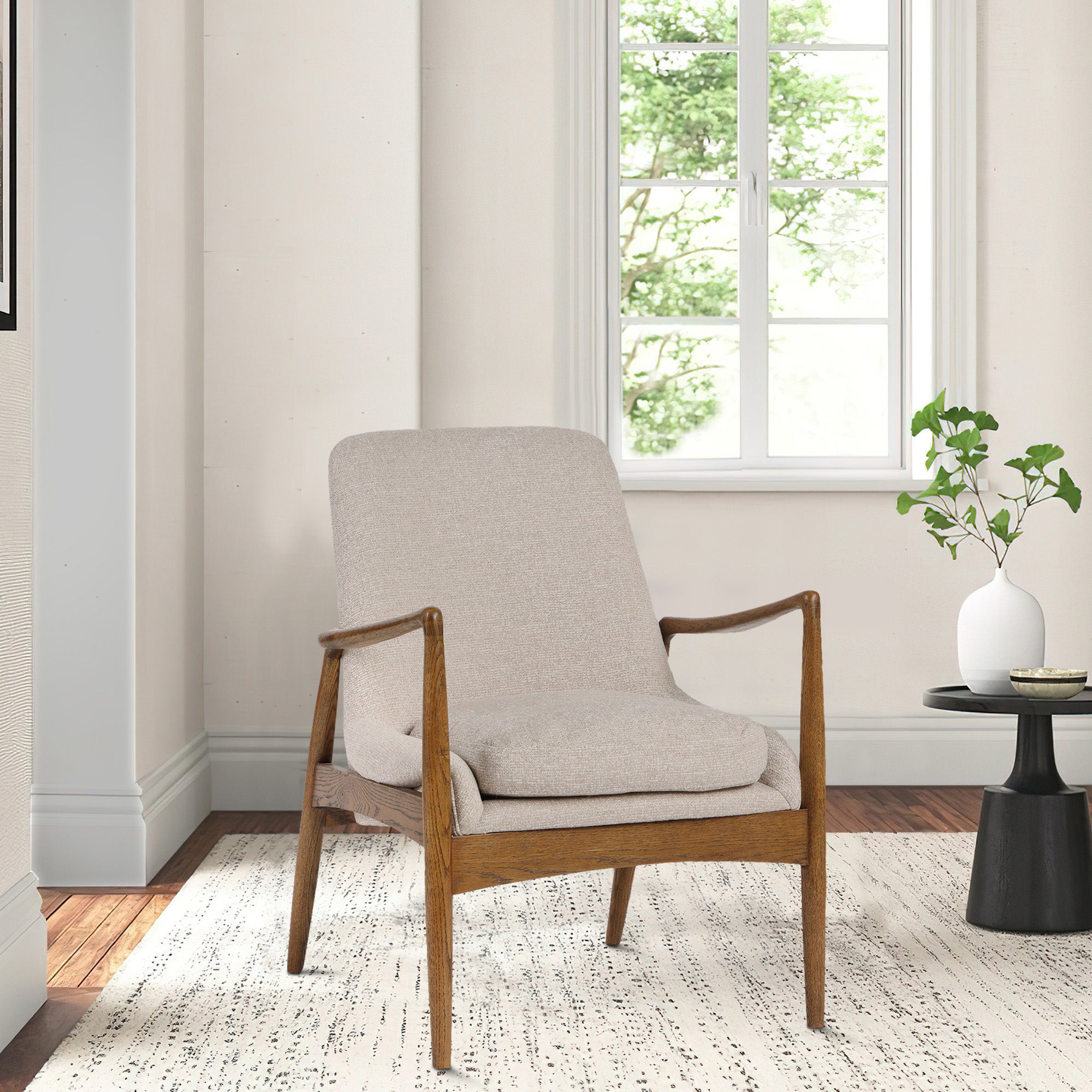 Benjara 28 Inch Fabric Upholstered Accent Armchair, Birch Wood, Off White, Brown