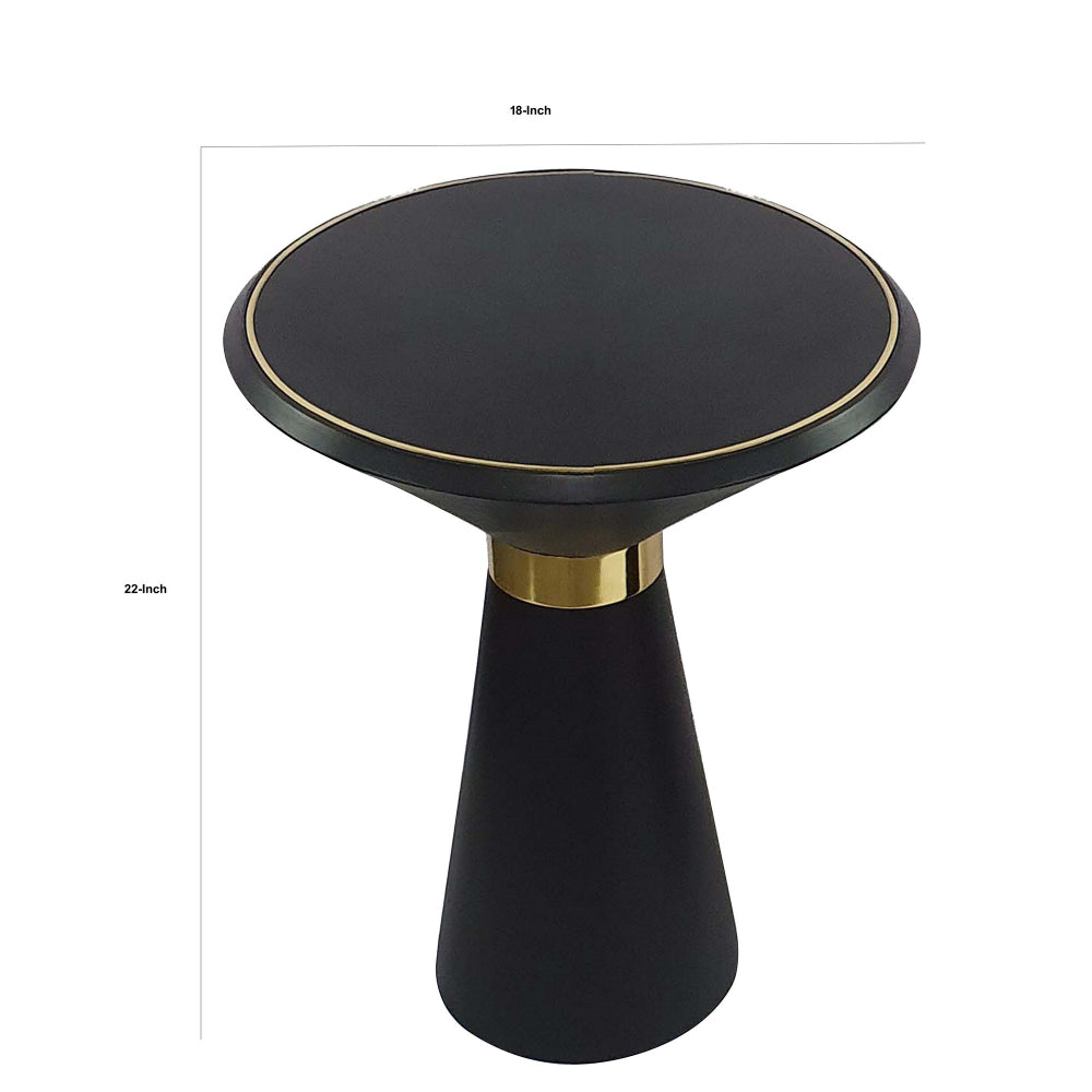 Benjara 22 Inch Round Mango Wood Side Table, Smooth Brass Accents, Black Finish