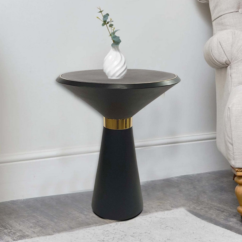 Benjara 22 Inch Round Mango Wood Side Table, Smooth Brass Accents, Black Finish