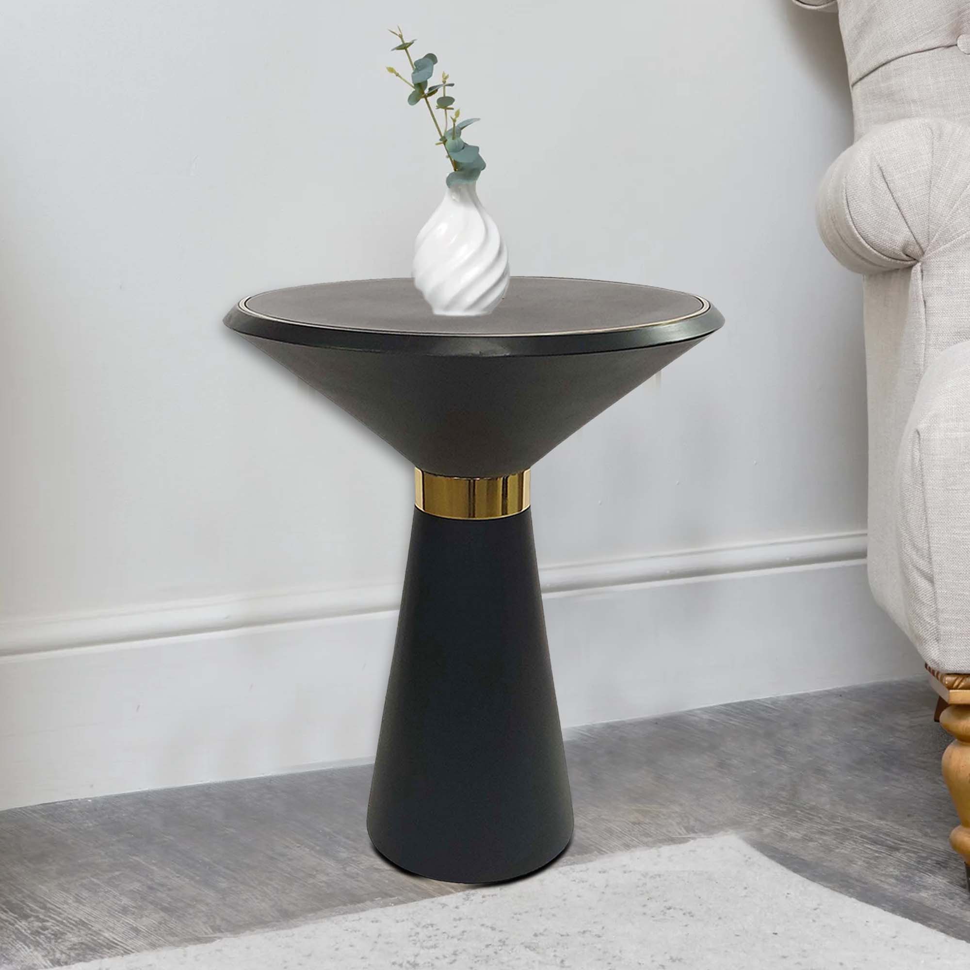 Benjara 22 Inch Round Mango Wood Side Table, Smooth Brass Accents, Black Finish