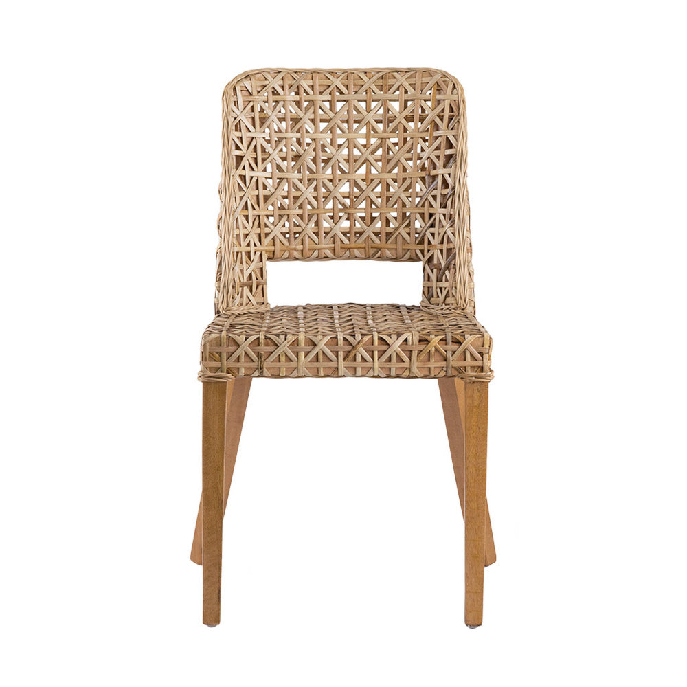 Benjara 21 Inch Dining Side Chair, Woven Rattan Backrest, Wood Frame, Natural Brown