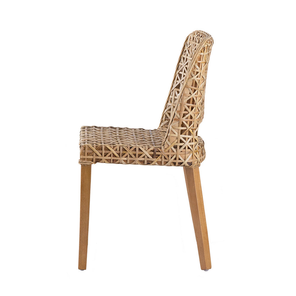 Benjara 21 Inch Dining Side Chair, Woven Rattan Backrest, Wood Frame, Natural Brown