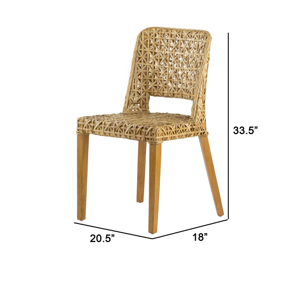 Benjara 21 Inch Dining Side Chair, Woven Rattan Backrest, Wood Frame, Natural Brown