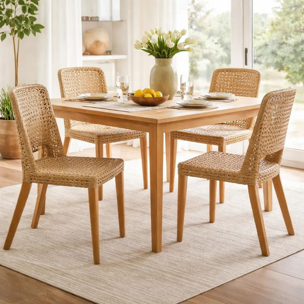 Benjara 21 Inch Dining Side Chair, Woven Rattan Backrest, Wood Frame, Natural Brown