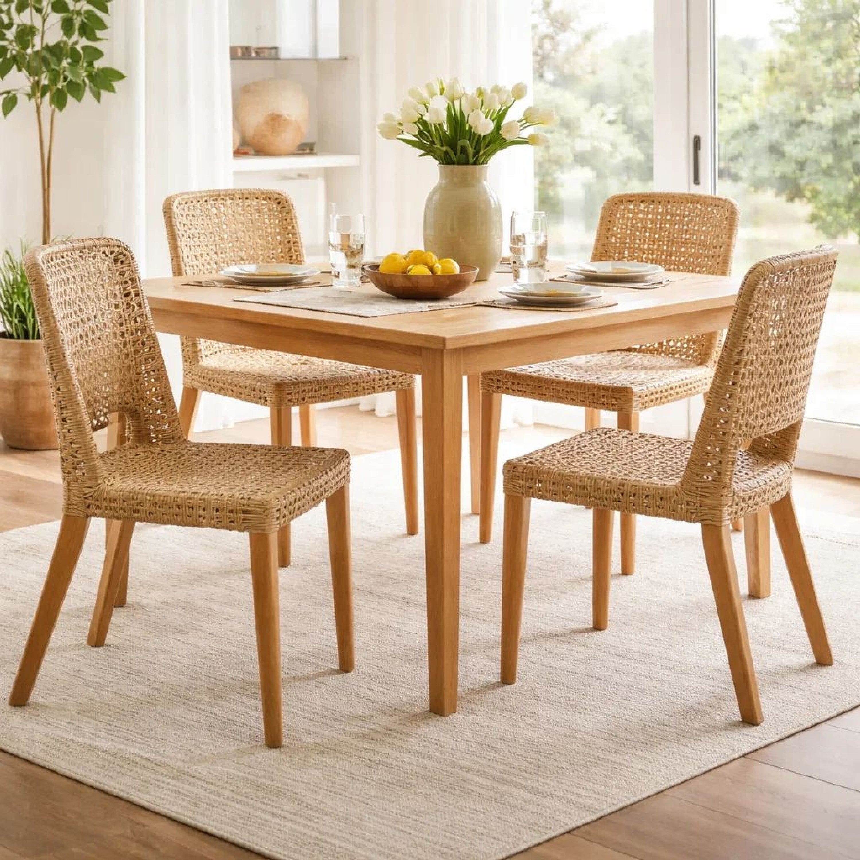 Benjara 21 Inch Dining Side Chair, Woven Rattan Backrest, Wood Frame, Natural Brown