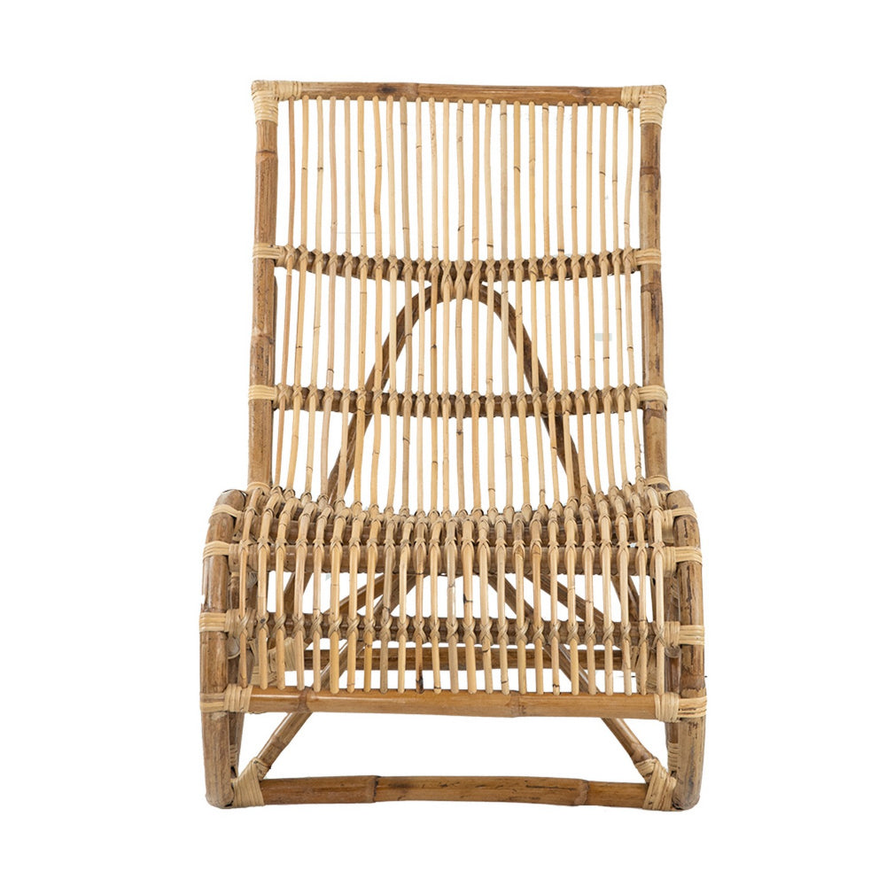 Benjara 35 Inch Retro Style Rattan Lounge Chair, Slatted Support, Natural Brown