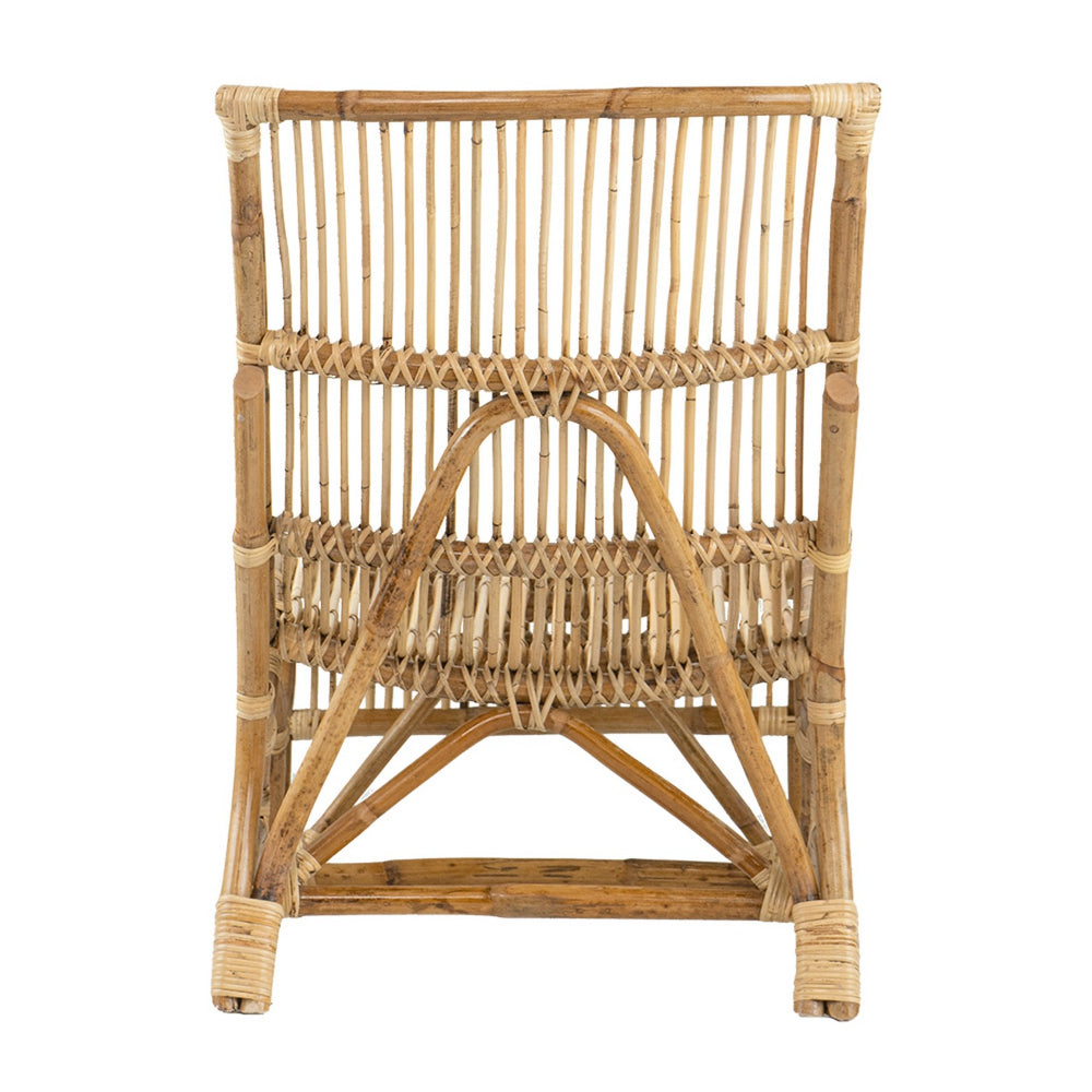 Benjara 35 Inch Retro Style Rattan Lounge Chair, Slatted Support, Natural Brown