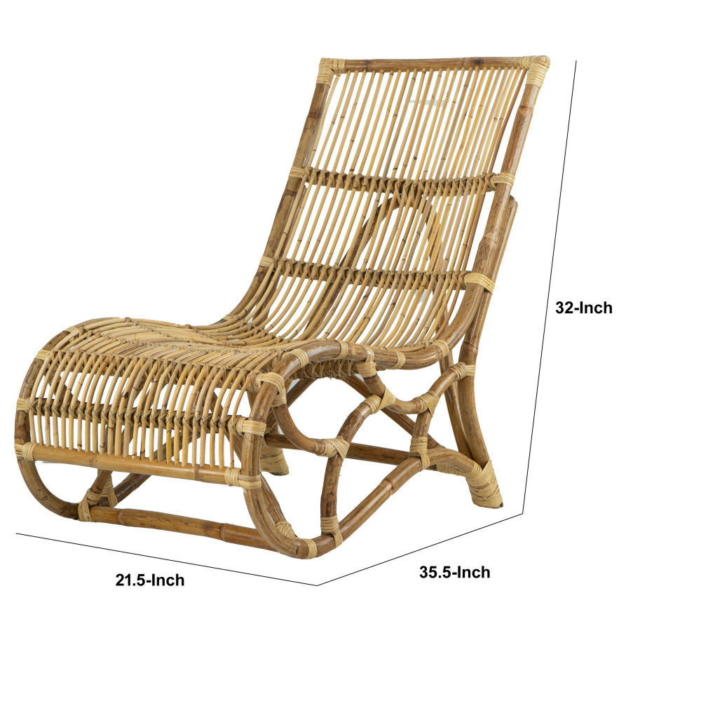 Benjara 35 Inch Retro Style Rattan Lounge Chair, Slatted Support, Natural Brown