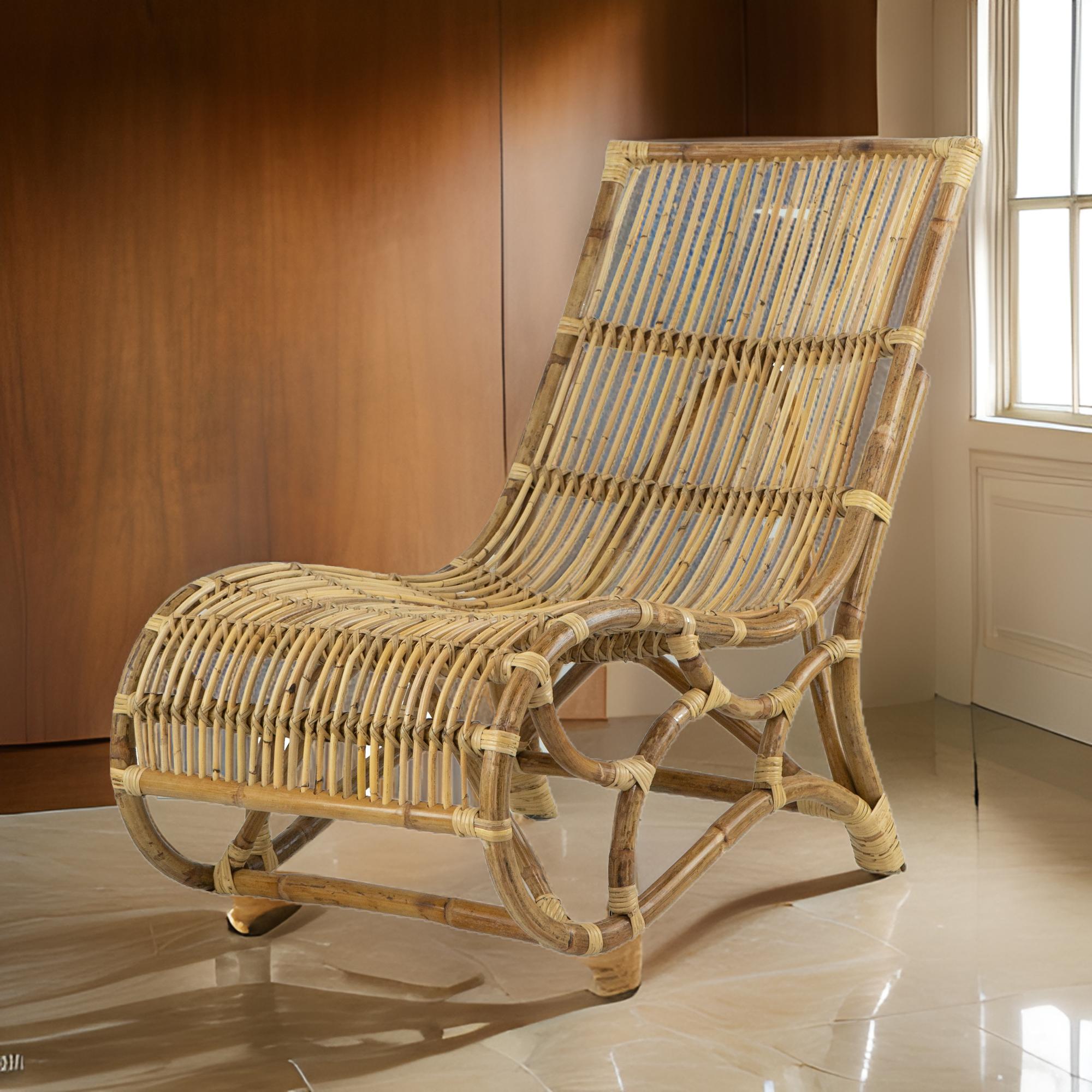 Benjara 35 Inch Retro Style Rattan Lounge Chair, Slatted Support, Natural Brown