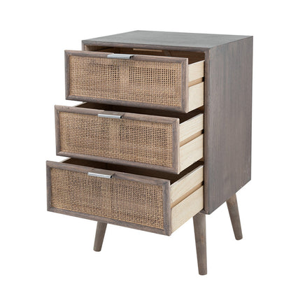 Benjara Cae 28 Inch Dresser Chest, 3 Drawers, Pine Wood, Rattan Panels, Dark Gray