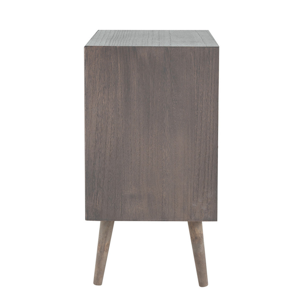 Benjara Cae 28 Inch Dresser Chest, 3 Drawers, Pine Wood, Rattan Panels, Dark Gray