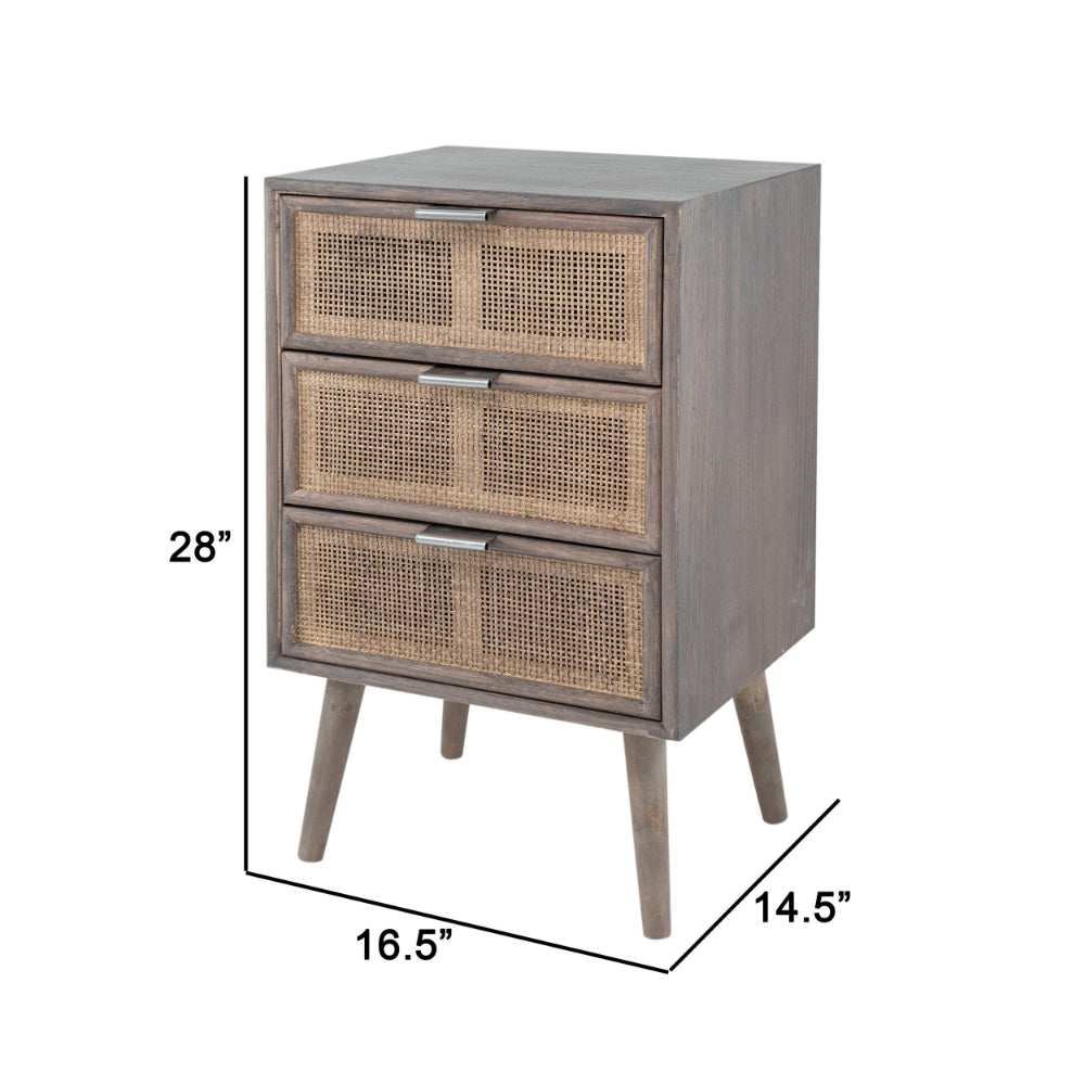 Benjara Cae 28 Inch Dresser Chest, 3 Drawers, Pine Wood, Rattan Panels, Dark Gray