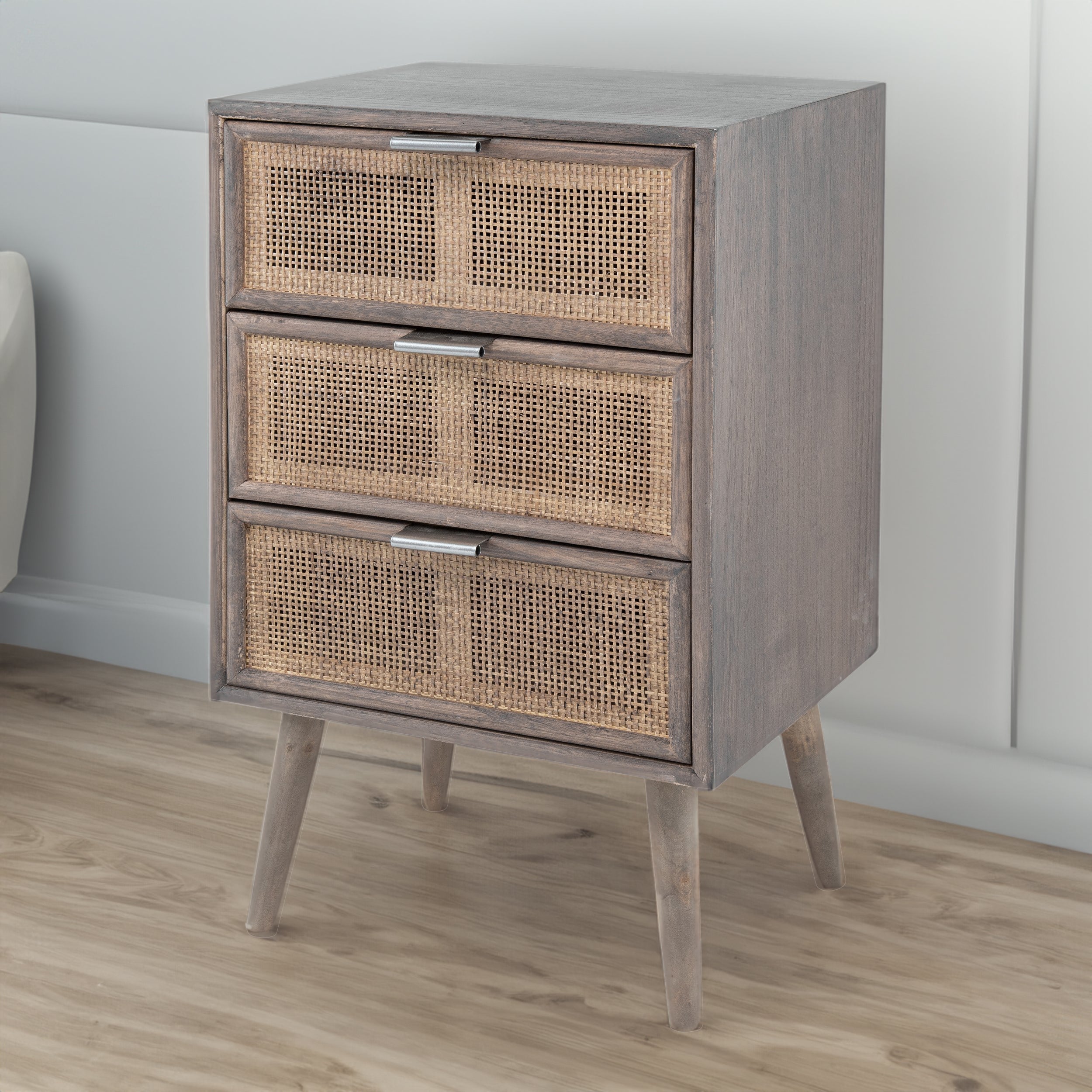 Benjara Cae 28 Inch Dresser Chest, 3 Drawers, Pine Wood, Rattan Panels, Dark Gray