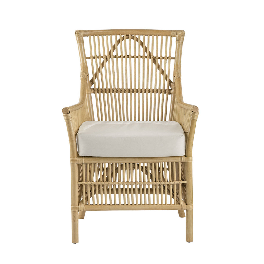 Benjara 23 Inch Rattan Dining Armchair, White Fabric Padded Seat, Natural Brown
