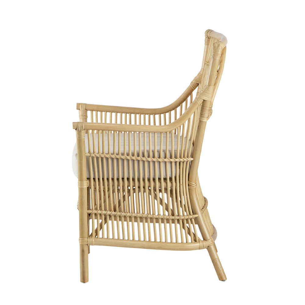 Benjara 23 Inch Rattan Dining Armchair, White Fabric Padded Seat, Natural Brown