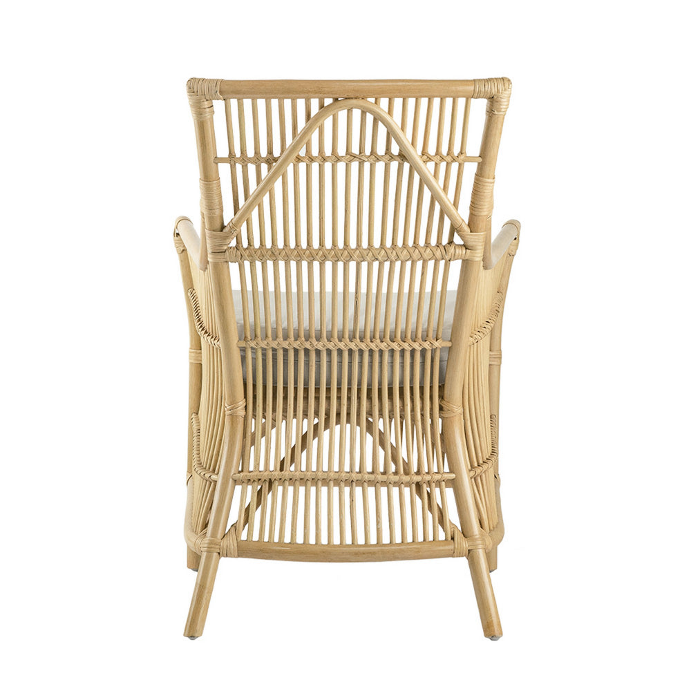Benjara 23 Inch Rattan Dining Armchair, White Fabric Padded Seat, Natural Brown