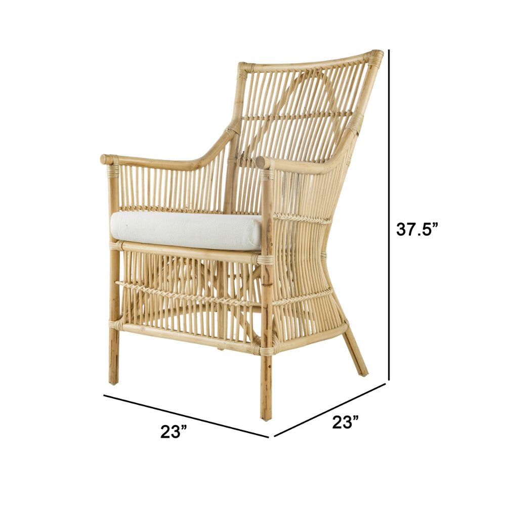 Benjara 23 Inch Rattan Dining Armchair, White Fabric Padded Seat, Natural Brown