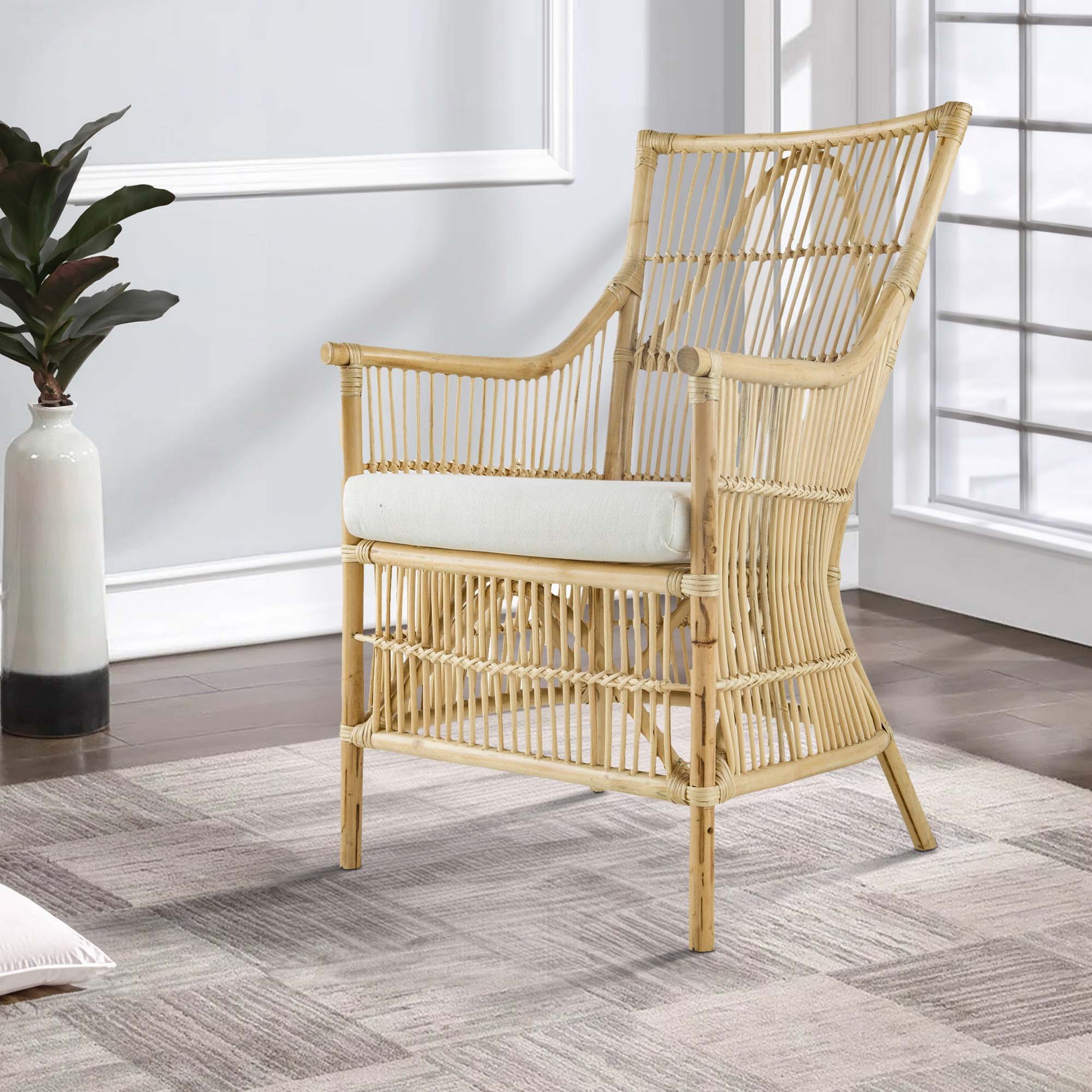 Benjara 23 Inch Rattan Dining Armchair, White Fabric Padded Seat, Natural Brown