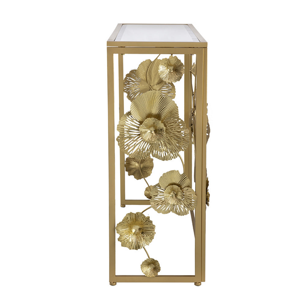 Benjara 39 Inch Mirrored Top Console Table, Elegant Floral Design, Iron, Matte Gold