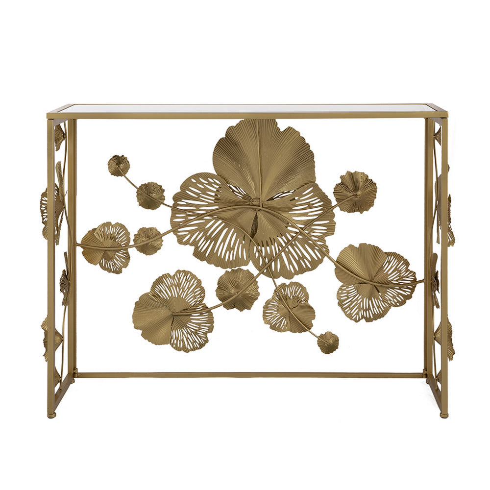 Benjara 39 Inch Mirrored Top Console Table, Elegant Floral Design, Iron, Matte Gold