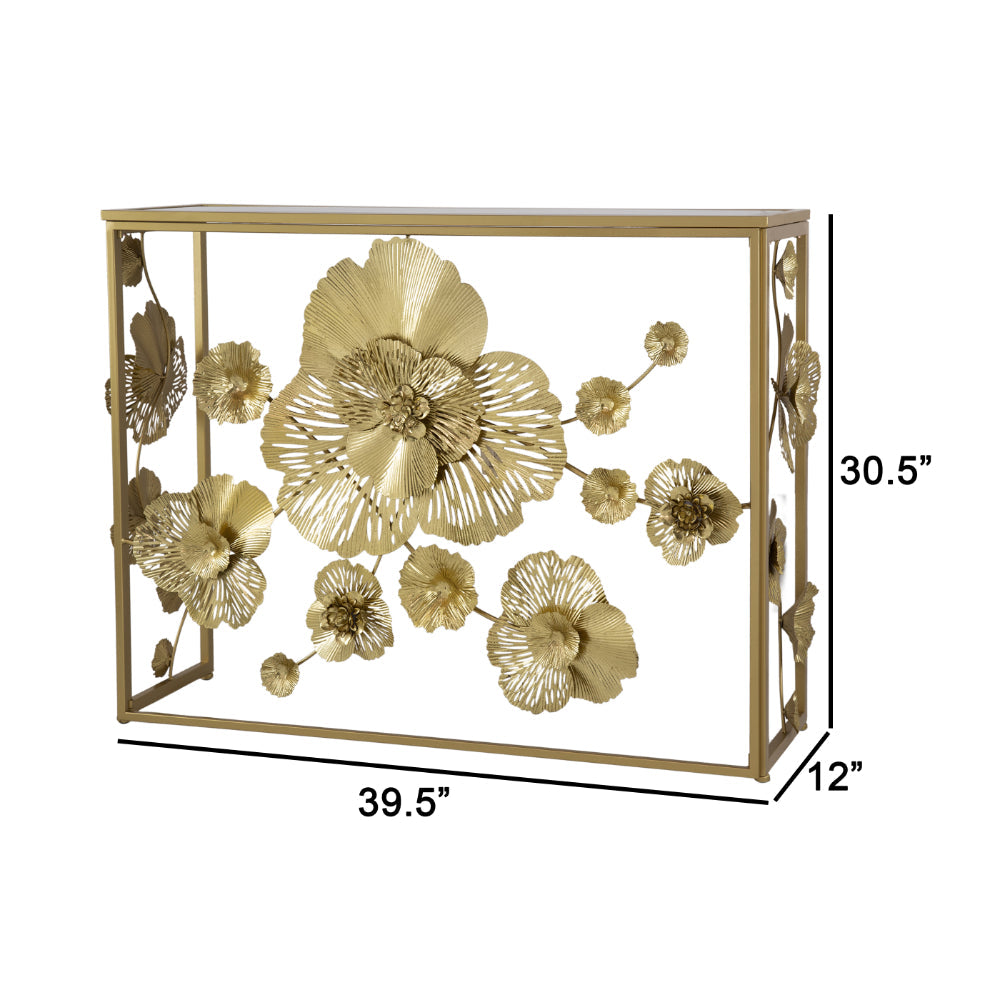 Benjara 39 Inch Mirrored Top Console Table, Elegant Floral Design, Iron, Matte Gold