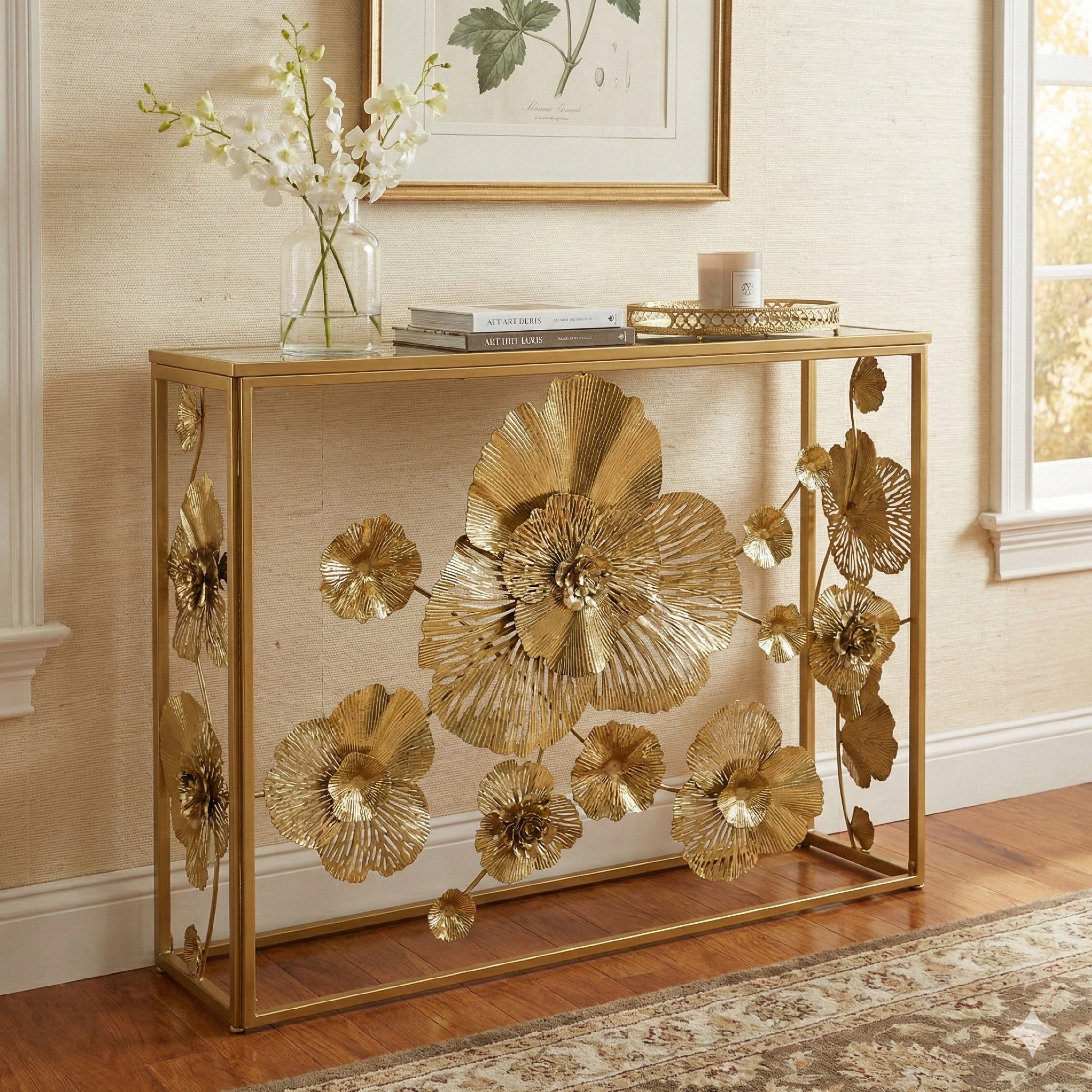 Benjara 39 Inch Mirrored Top Console Table, Elegant Floral Design, Iron, Matte Gold