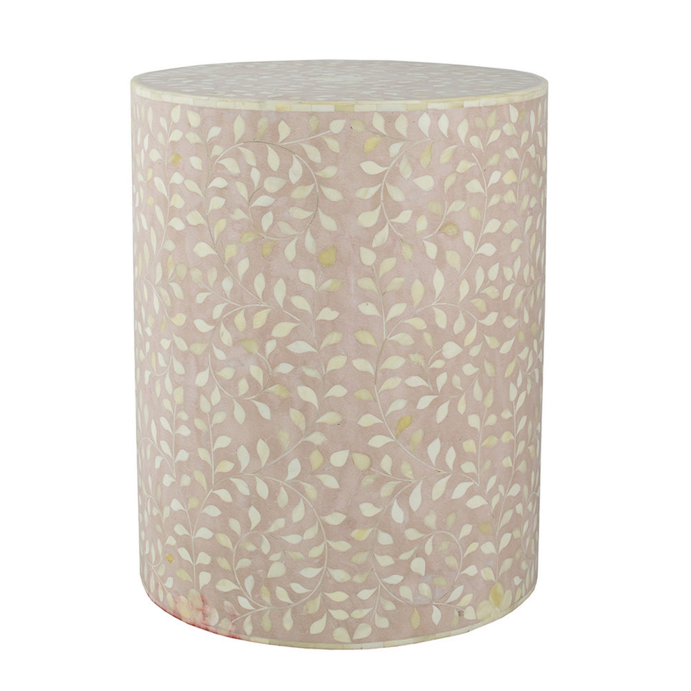 Benjara 20 Inch Round Side End Table, Filigree Bone Inlay, Wood, Pale Pink, White