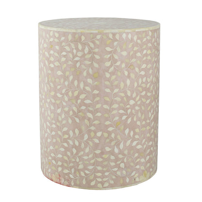 Benjara 20 Inch Round Side End Table, Filigree Bone Inlay, Wood, Pale Pink, White