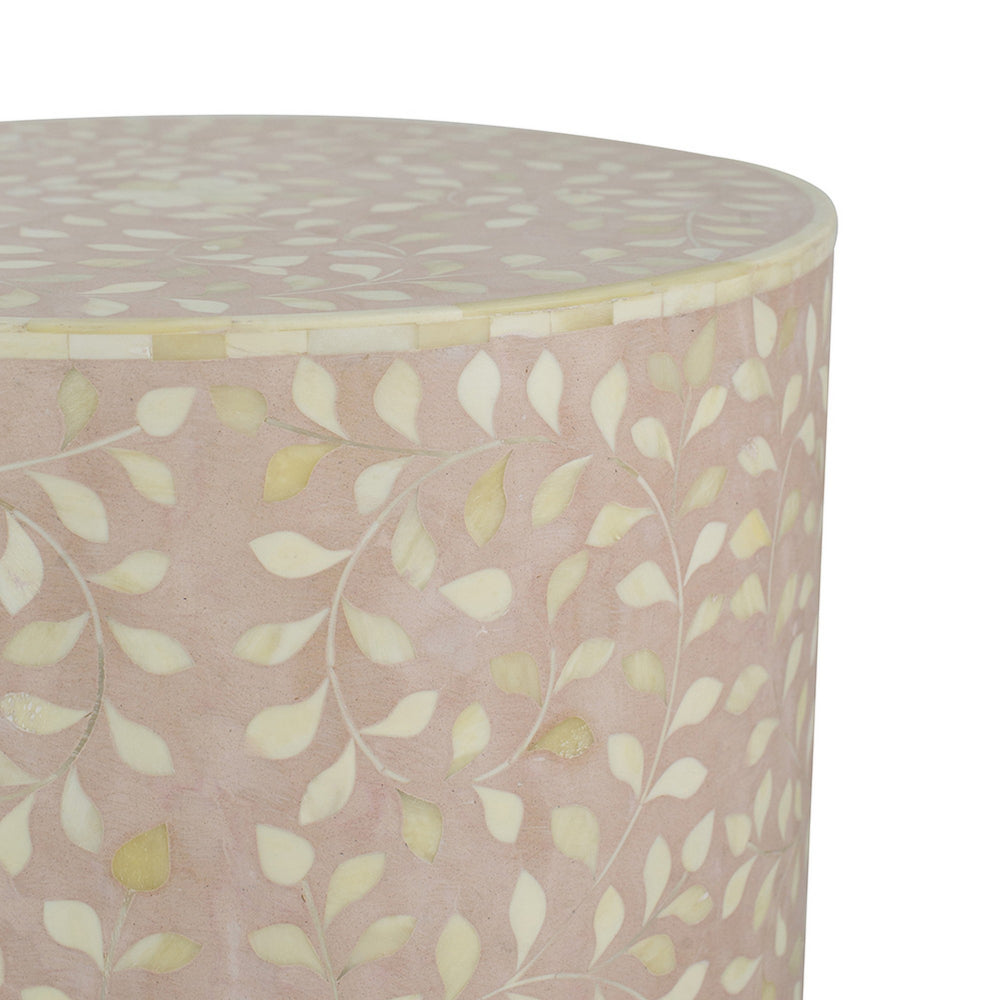 Benjara 20 Inch Round Side End Table, Filigree Bone Inlay, Wood, Pale Pink, White
