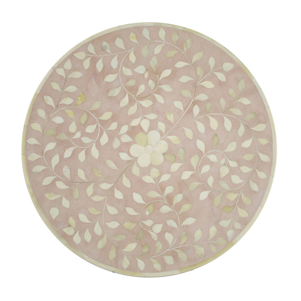 Benjara 20 Inch Round Side End Table, Filigree Bone Inlay, Wood, Pale Pink, White
