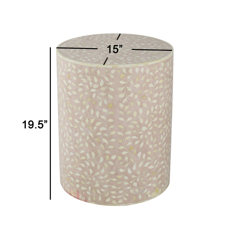 Benjara 20 Inch Round Side End Table, Filigree Bone Inlay, Wood, Pale Pink, White