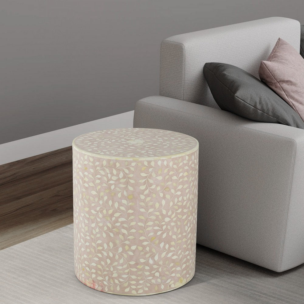 Benjara 20 Inch Round Side End Table, Filigree Bone Inlay, Wood, Pale Pink, White