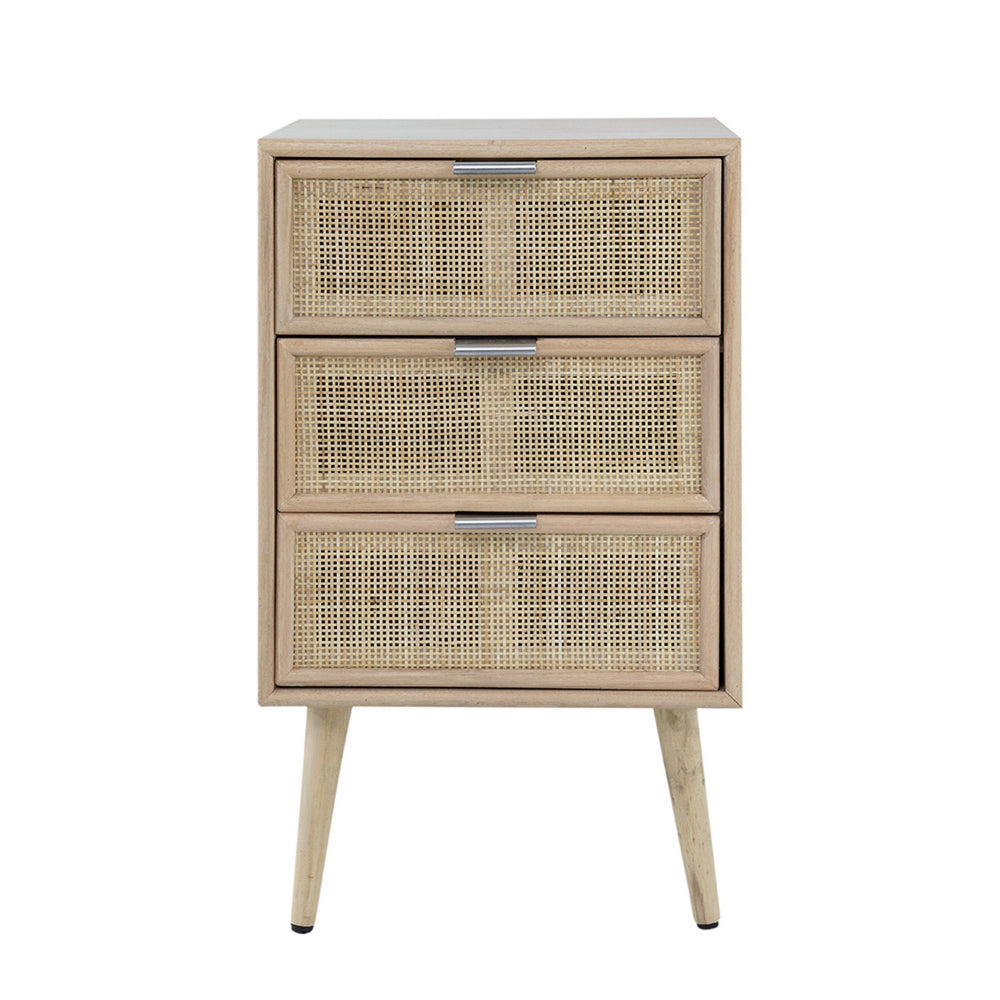 Benjara Cae 28 Inch Dresser Chest, 3 Drawers, Pine Wood, Rattan Panels, Brown
