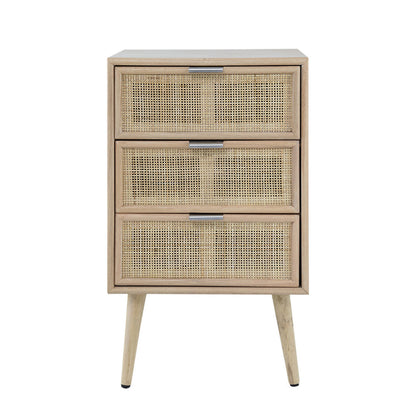 Benjara Cae 28 Inch Dresser Chest, 3 Drawers, Pine Wood, Rattan Panels, Brown