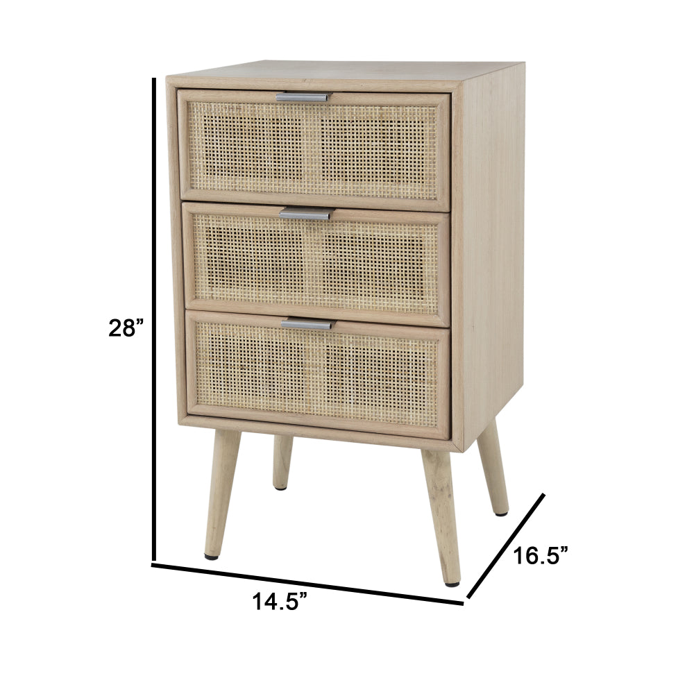 Benjara Cae 28 Inch Dresser Chest, 3 Drawers, Pine Wood, Rattan Panels, Brown