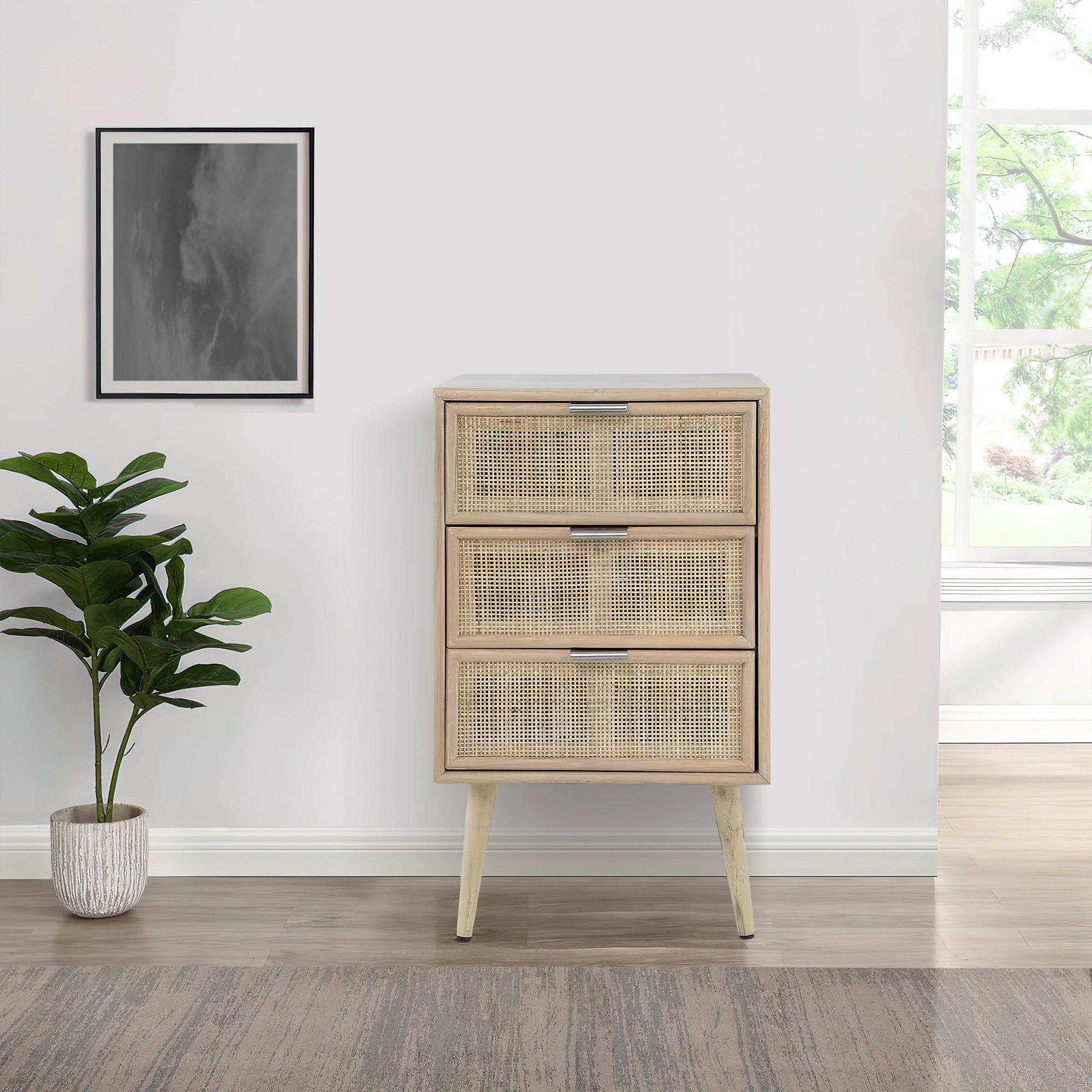 Benjara Cae 28 Inch Dresser Chest, 3 Drawers, Pine Wood, Rattan Panels, Brown