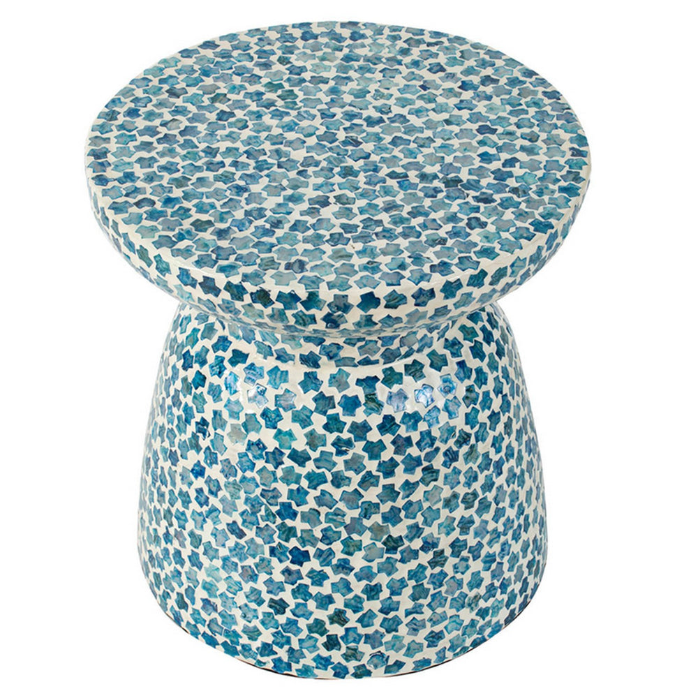 Benjara Ivy 16 Inch Round End Side Table, Bamboo Platform, Mosaic, Blue, White