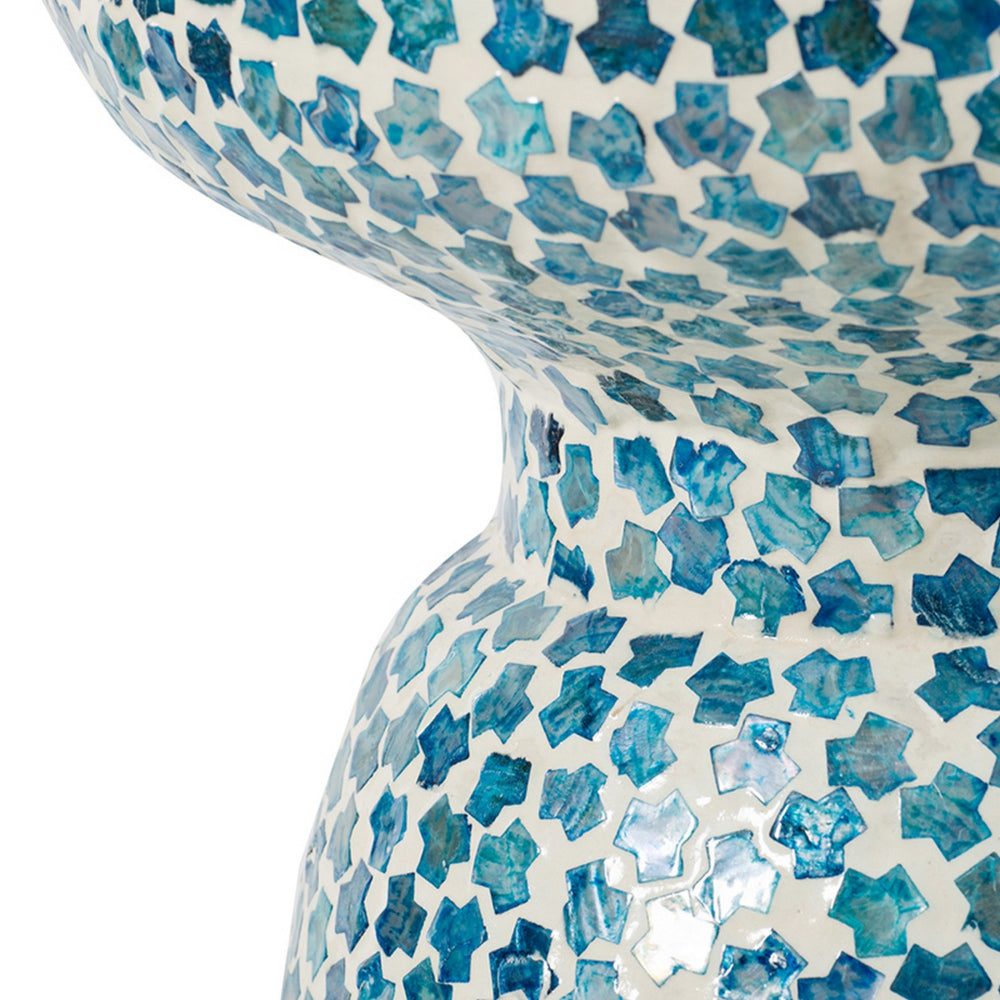 Benjara Ivy 16 Inch Round End Side Table, Bamboo Platform, Mosaic, Blue, White