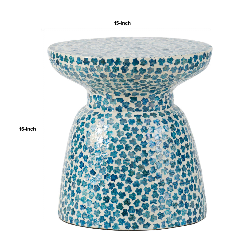 Benjara Ivy 16 Inch Round End Side Table, Bamboo Platform, Mosaic, Blue, White