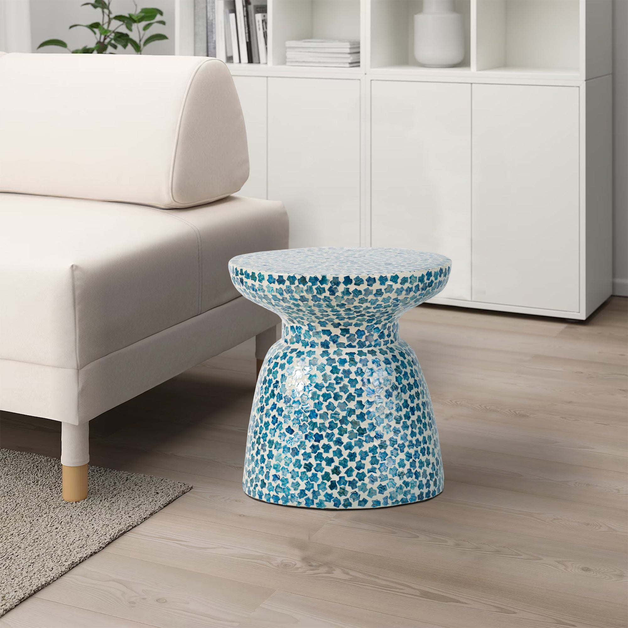 Benjara Ivy 16 Inch Round End Side Table, Bamboo Platform, Mosaic, Blue, White