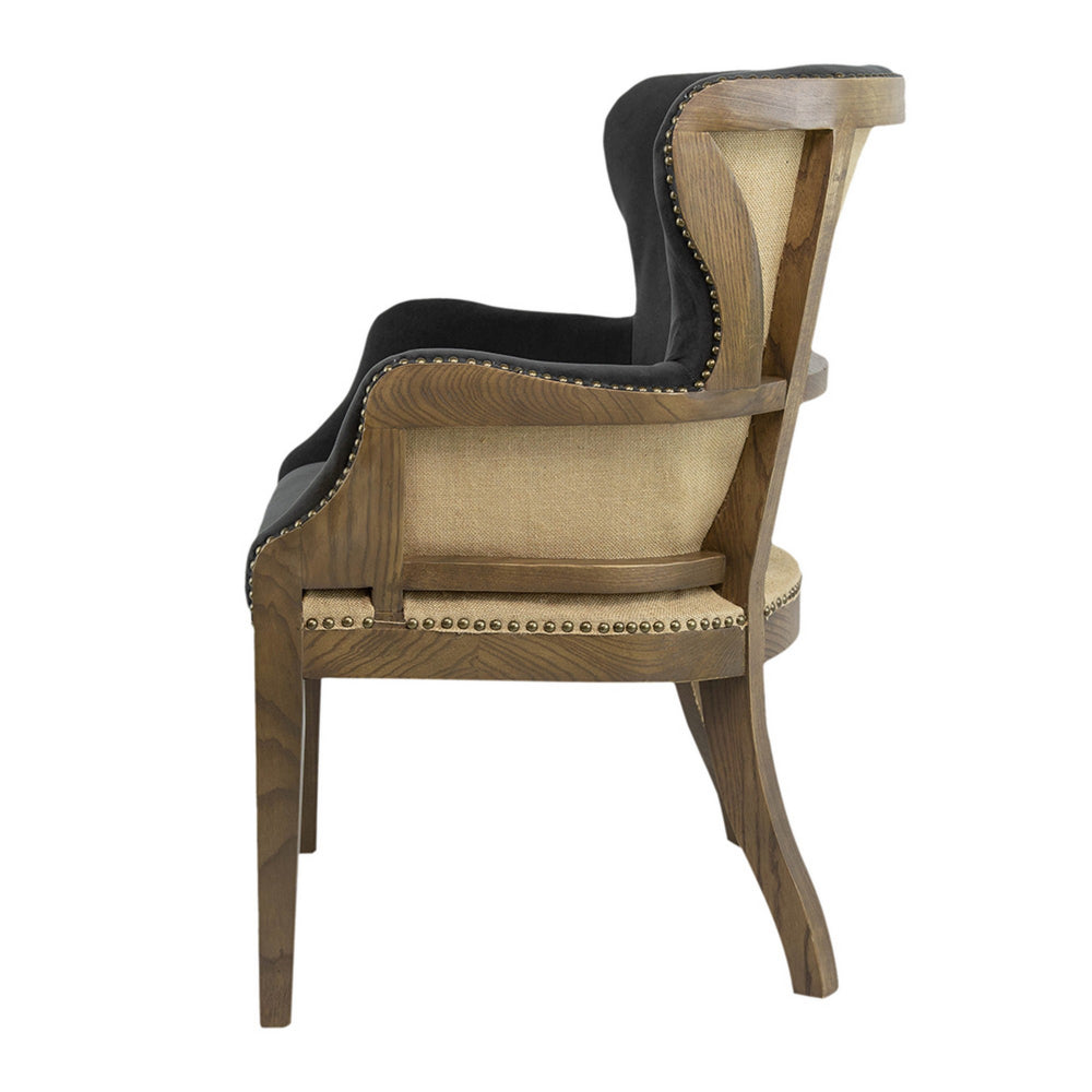 Benjara 26 Inch Wingback Armchair, Fabric Upholstered, Birch Wood, Black, Brown