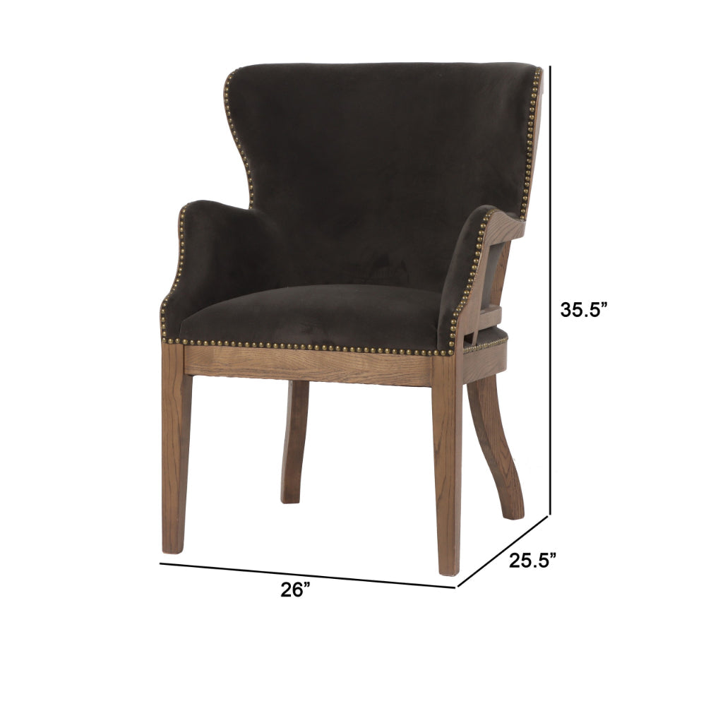 Benjara 26 Inch Wingback Armchair, Fabric Upholstered, Birch Wood, Black, Brown